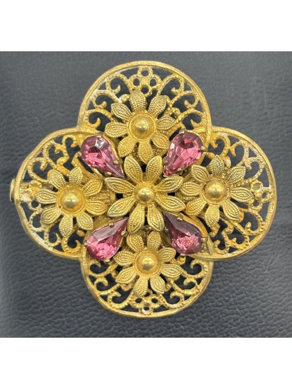 Vintage Czech Filigree Brooch Gold Tone Teardrop Pink Rhinestones Trombone Clasp